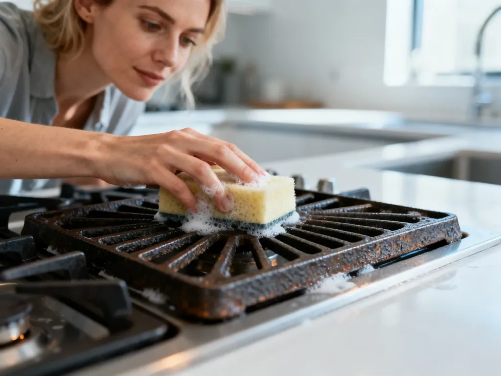 Kobieta czyści żeliwny ruszt kuchenki gazowej za pomocą gąbki z detergentem w jasnej, nowoczesnej kuchni.
