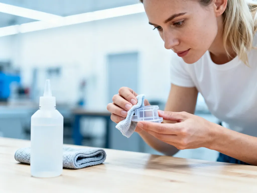 Kobieta ostrożnie czyści plastikowy przedmiot ściereczką z użyciem rozpuszczalnika w jasnym, profesjonalnym warsztacie.