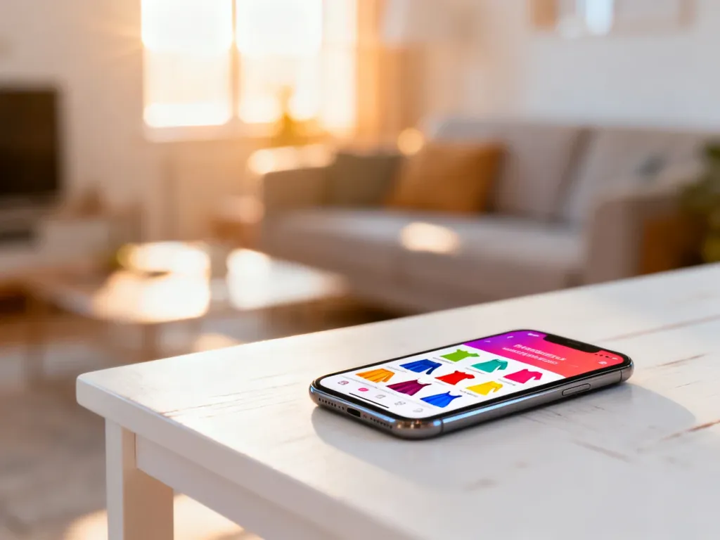Smartfon z interfejsem sklepu odzieżowego na tle przytulnego salonu, symbolizujący wygodne zakupy online.