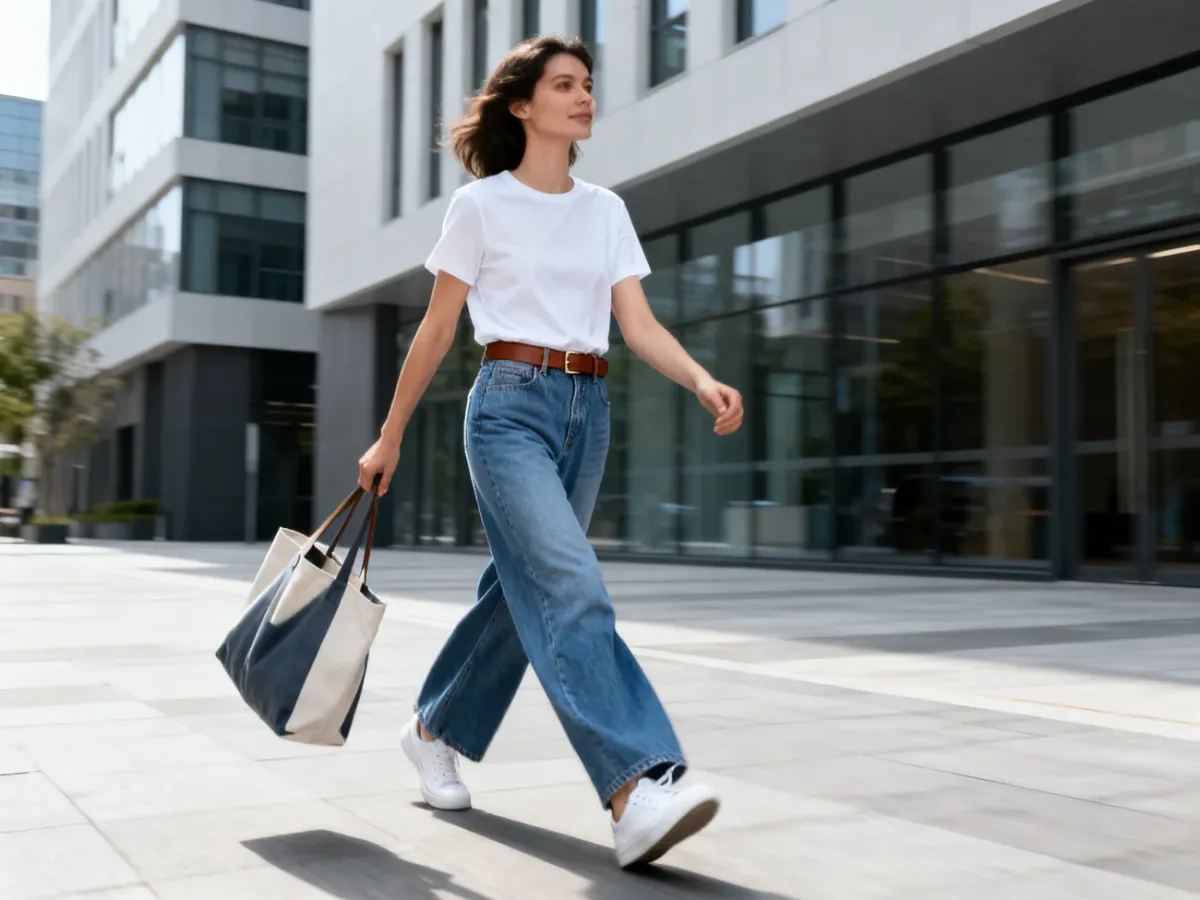 Codzienna miejska stylizacja z szerokimi jeansami, T-shirtem i sneakersami