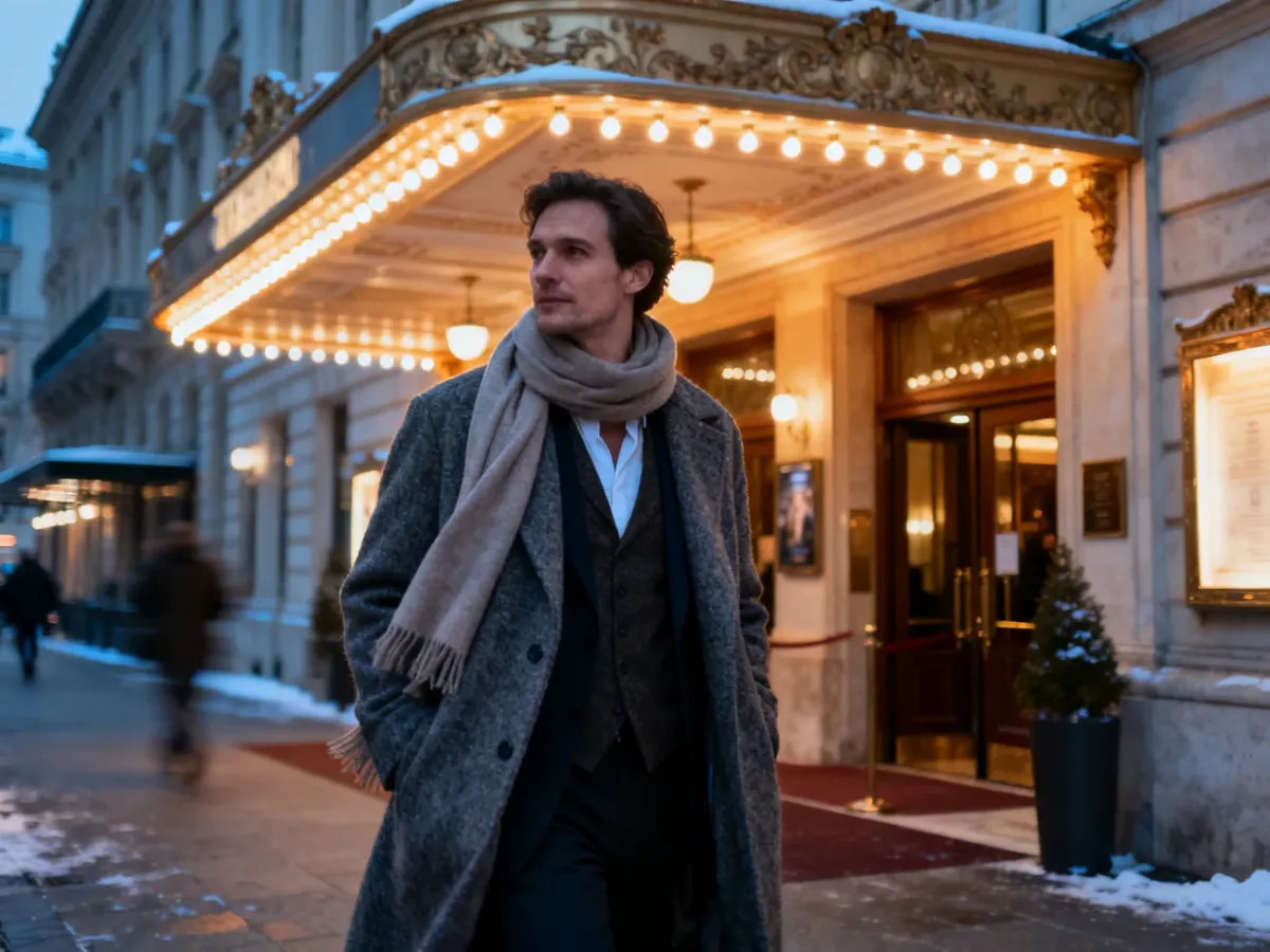 Osoba w eleganckim płaszczu i szaliku przed teatrem zimą