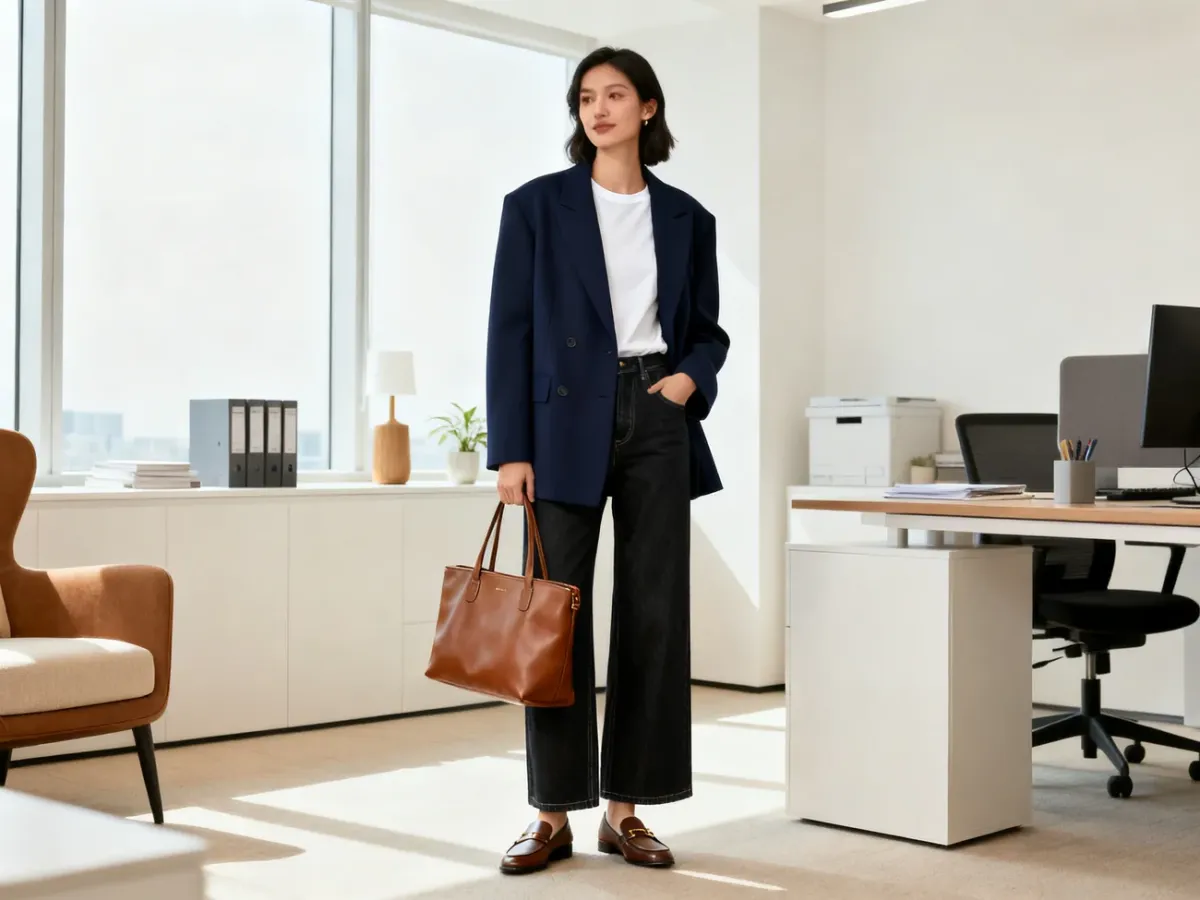 Stylizacja Office Core z granatową marynarką i szerokimi jeansami