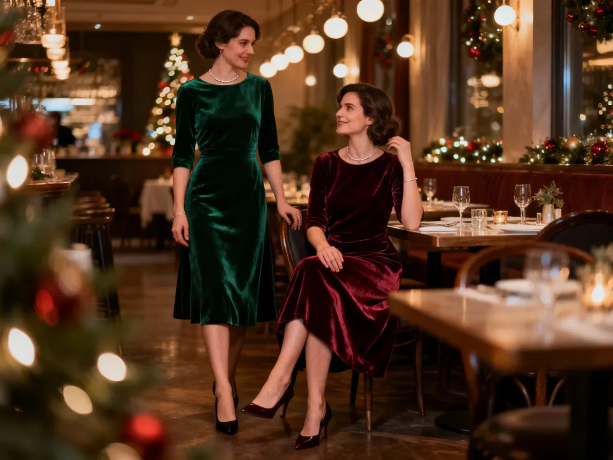 Kobieta w eleganckiej sukience midi w świątecznym kolorze