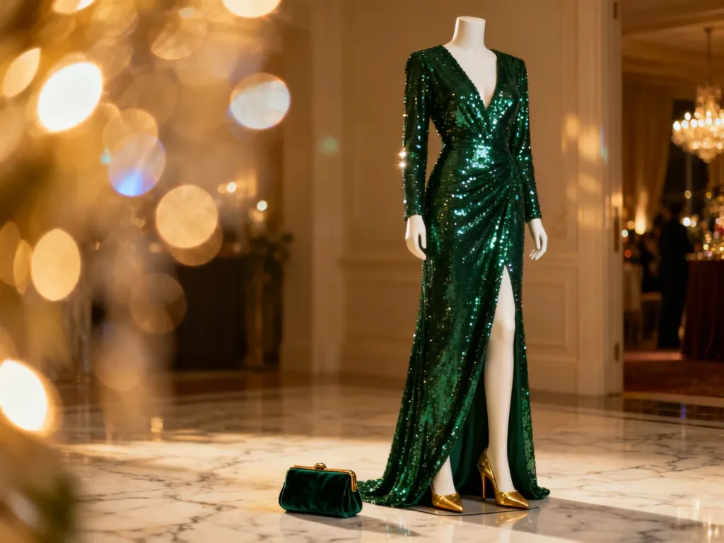 Elegancka szmaragdowa suknia z cekinami, złote szpilki i aksamitna kopertówka – idealna sylwestrowa stylizacja.