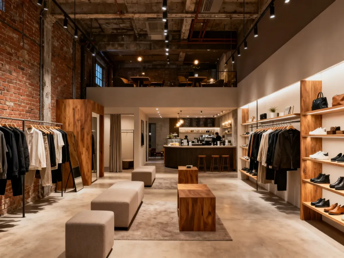 Wnętrze nowoczesnego concept store z odzieżą, obuwiem i kawiarnią