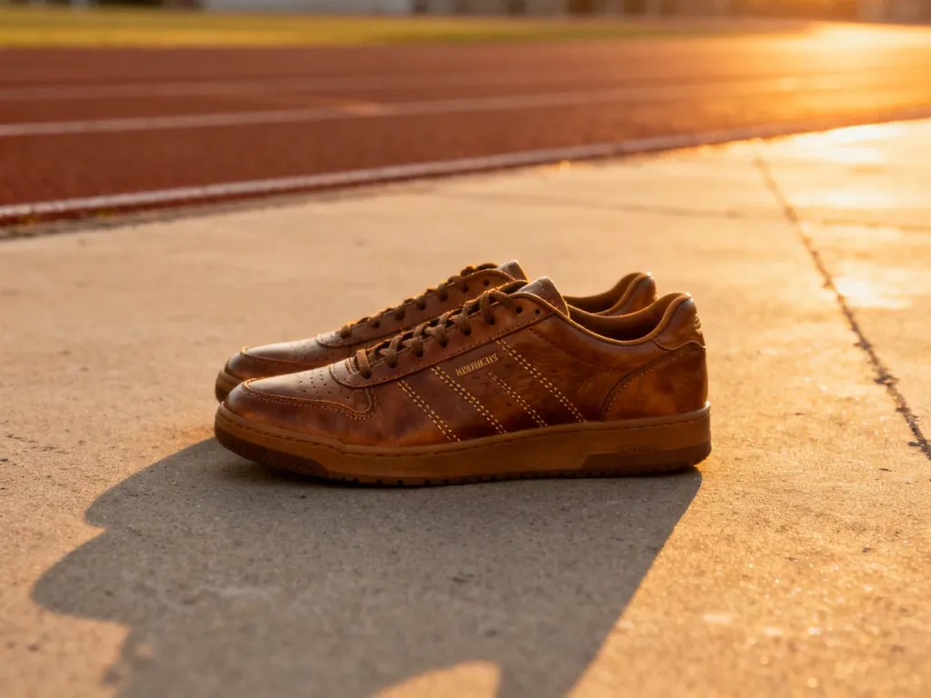 Skórzane buty sportowe Diadora w stylu vintage na betonowym tle, z bieżnią w tle o zachodzie słońca.