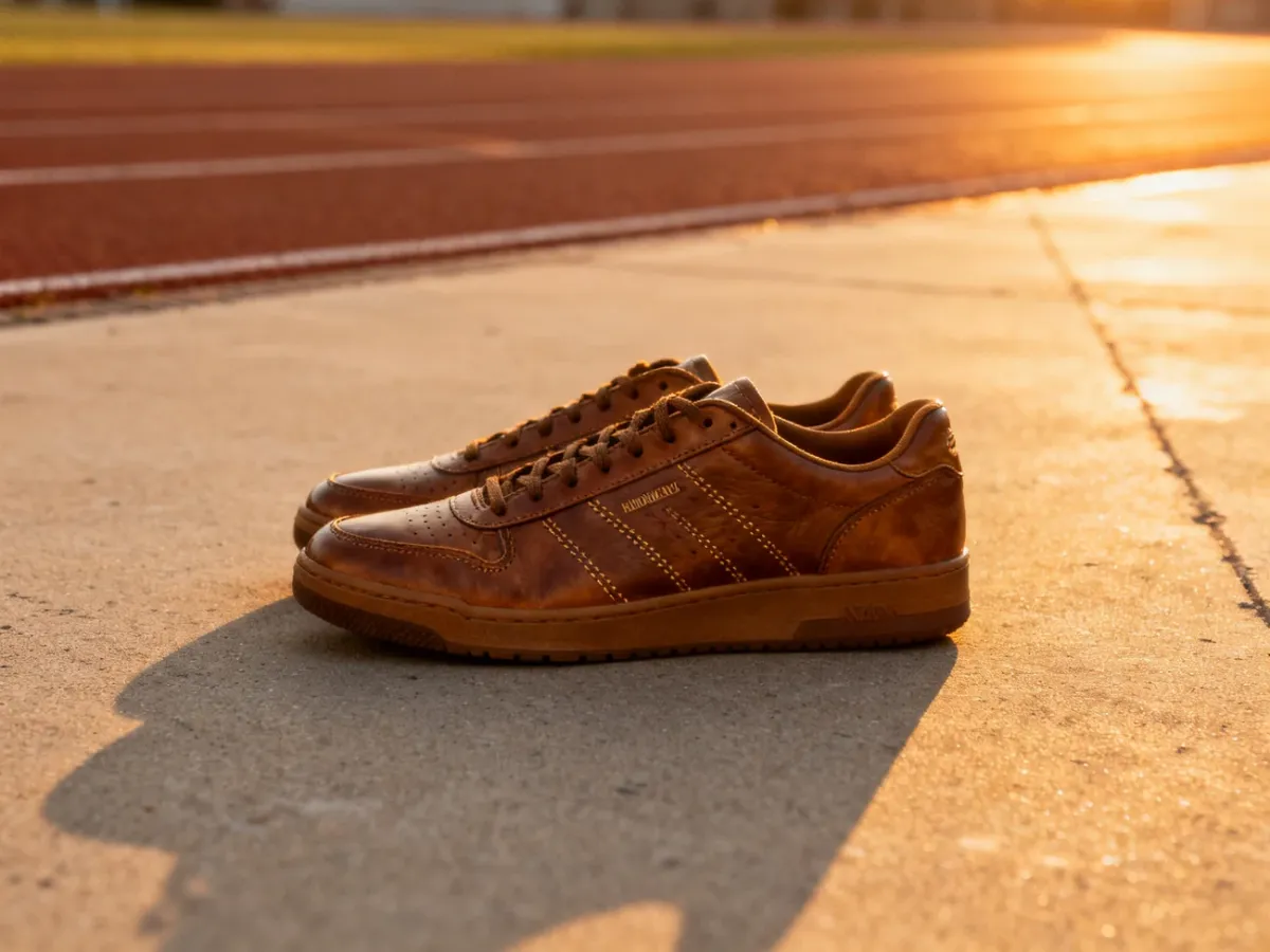 Skórzane buty sportowe Diadora w stylu vintage na betonowym tle, z bieżnią w tle o zachodzie słońca.