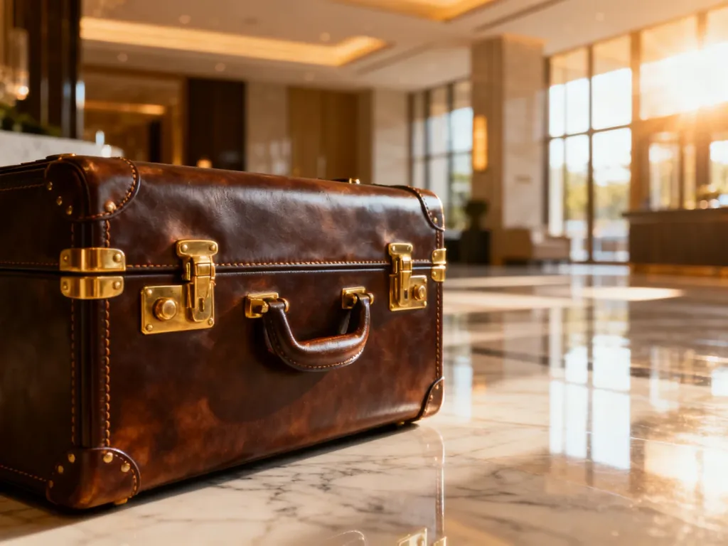 Elegancka skórzana walizka Puccini na marmurowej podłodze w nowoczesnym hotelowym lobby, podkreślająca wysoką jakość wykonania.