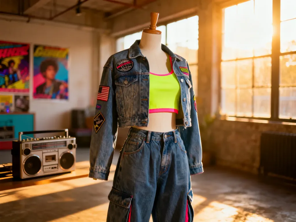 Manekin w stylizacji z lat 90.: jeansowa kurtka z naszywkami, neonowy crop top i luźne jeansy z wysokim stanem.