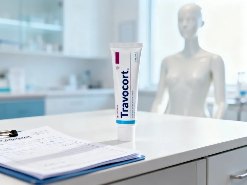 Tubka kremu Travocort na biurku dermatologa w gabinecie lekarskim, w otoczeniu recept i profesjonalnego sprzętu.