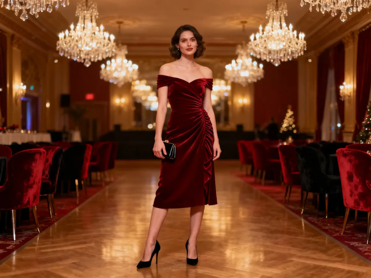 Kobieta w czerwonej sukience midi podczas eleganckiego balu sylwestrowego