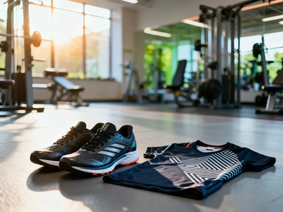 Profesjonalny sprzęt sportowy Joma, w tym buty i koszulka, wyeksponowane na podłodze nowoczesnej siłowni.