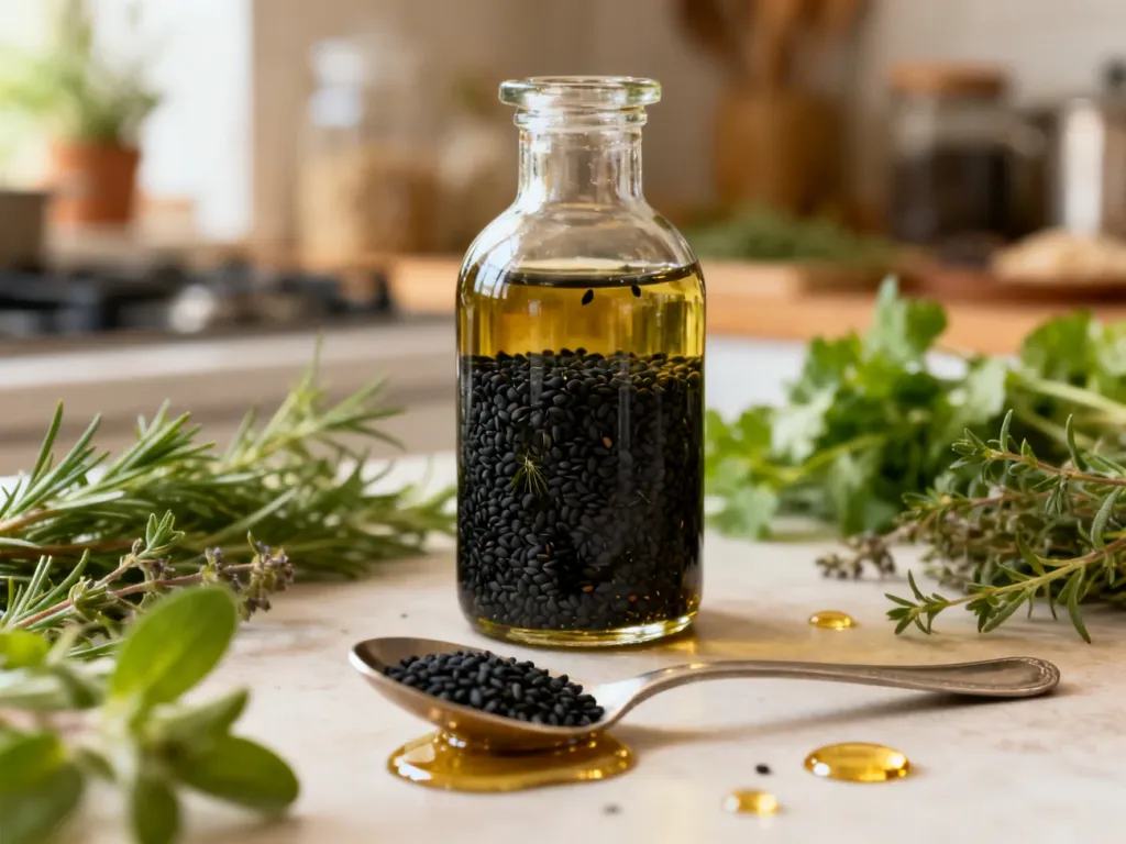 Szklana butelka oleju z czarnuszki z nasionami i łyżeczką na tle ziół, podkreślająca naturalne właściwości zdrowotne produktu.