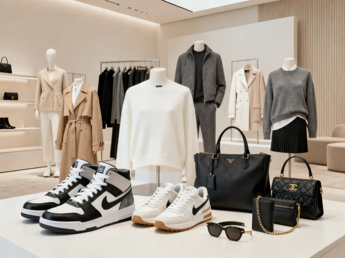 Różnorodne markowe ubrania, sneakersy i akcesoria ułożone w stylowej aranżacji