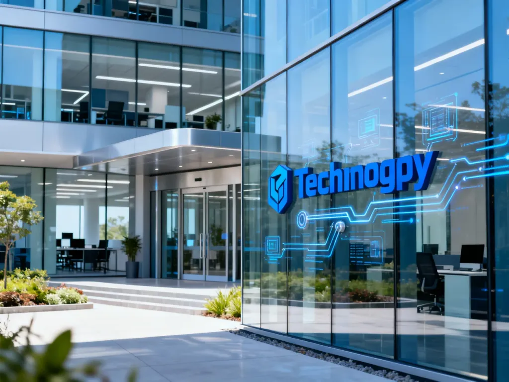Nowoczesna siedziba firmy technologicznej z przeszkloną fasadą, utrzymana w profesjonalnej, korporacyjnej stylistyce.