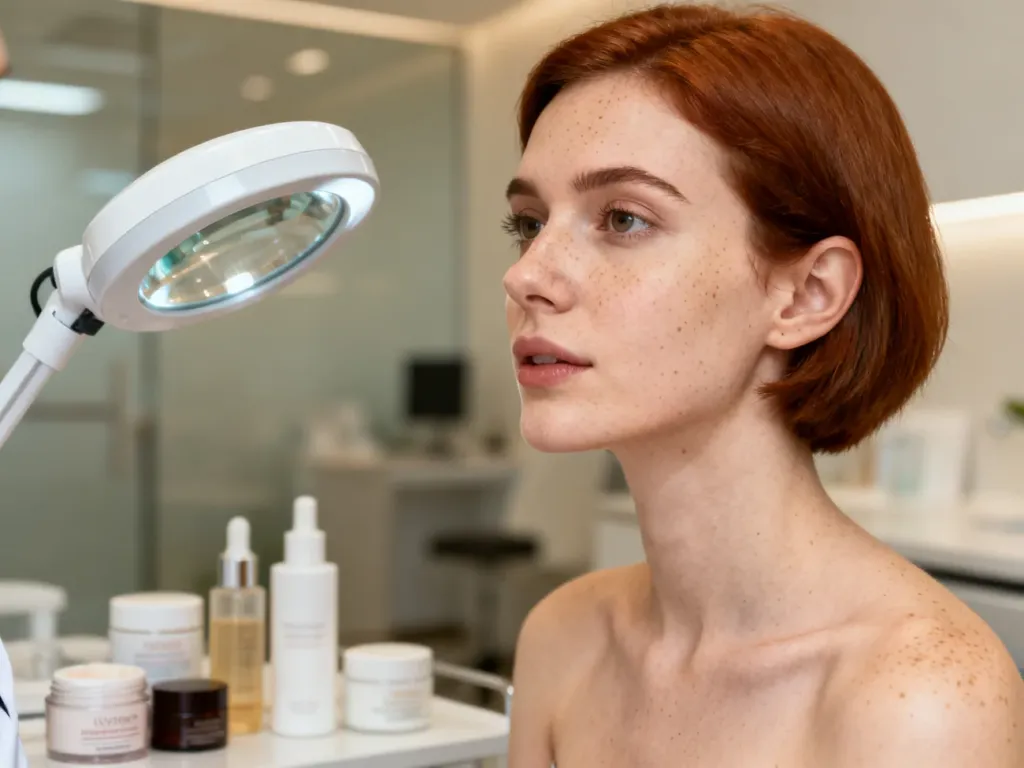 Kobieta podczas konsultacji dermatologicznej w sprawie brązowych plam na twarzy w nowoczesnym gabinecie.