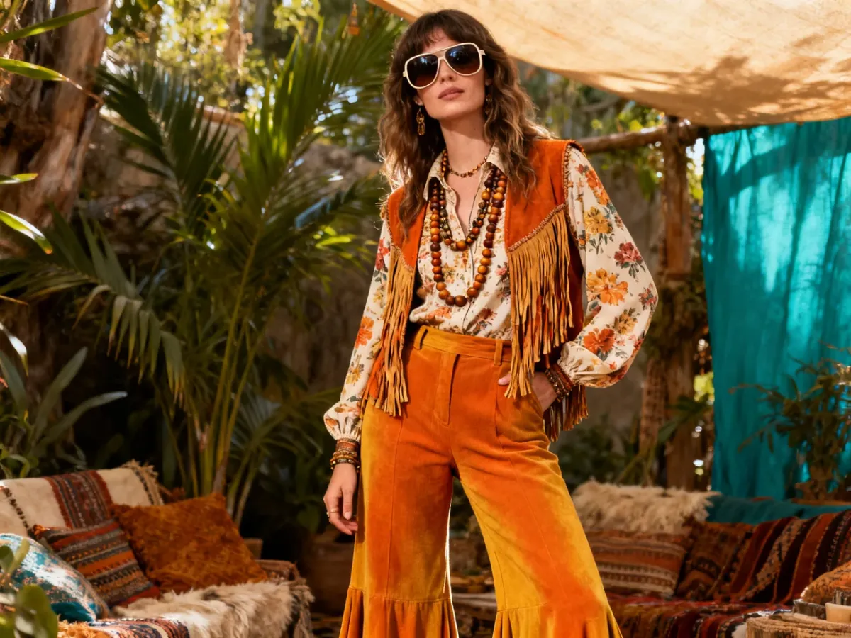 Kolorowa stylizacja hippie z dzwonami i frędzlami
