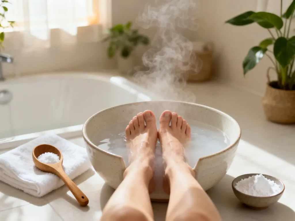 Stopy moczące się w misce z wodą i sodą oczyszczoną w relaksującej, domowej scenerii spa.