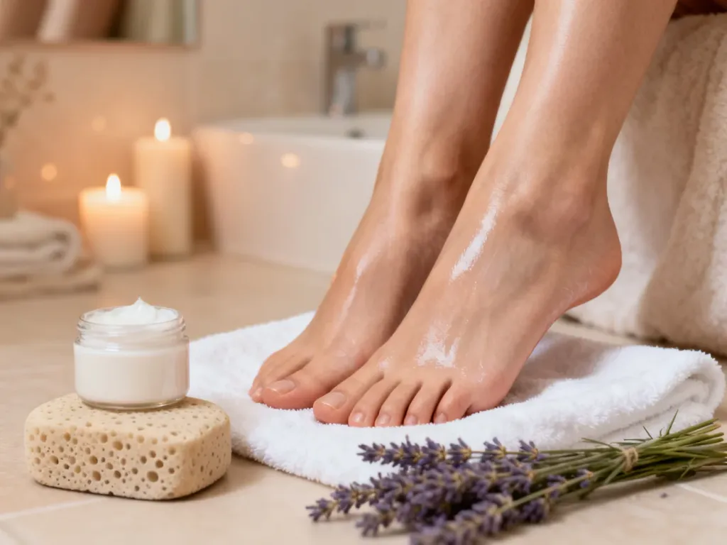 Gładkie, nawilżone pięty spoczywające na ręczniku obok kremu, pumeksu i lawendy w relaksującej atmosferze domowego spa.