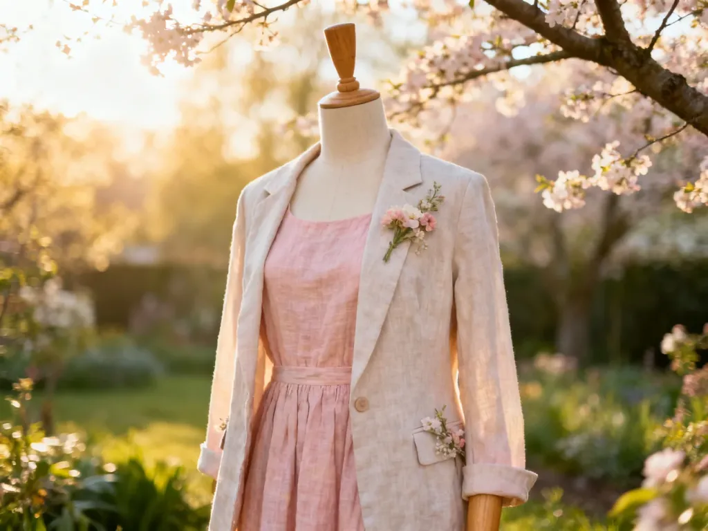 Elegancka wiosenna stylizacja z pastelową sukienką i żakietem na manekinie w słonecznym, kwitnącym ogrodzie.