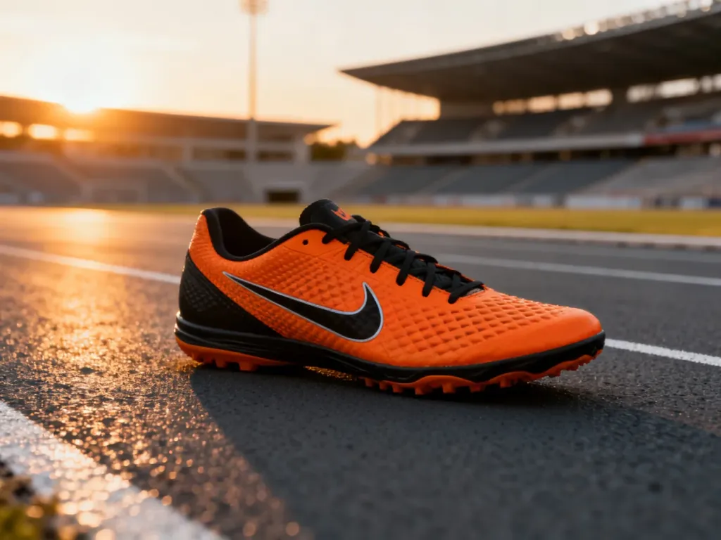 Profesjonalny but sportowy Nike na bieżni o zachodzie słońca, podkreślający dynamiczny charakter i design marki.