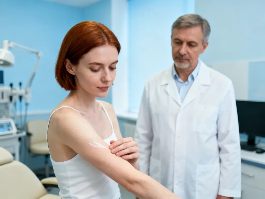 Kobieta oglądająca jasne plamy na przedramieniu w gabinecie dermatologicznym. Ilustracja diagnostyki zmian skórnych.