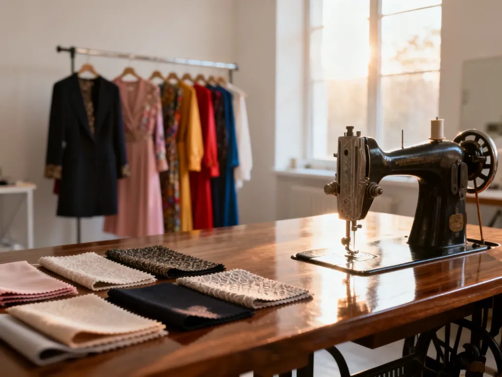 Eleganckie próbki tkanin i maszyna do szycia w jasnym atelier, podkreślające kunszt i jakość ubrań marki Solar.