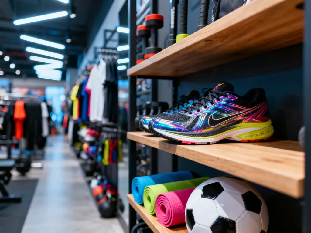 Wnętrze nowoczesnego sklepu sportowego Martes Sport z wyeksponowanym obuwiem, piłką i matą do jogi na półkach.