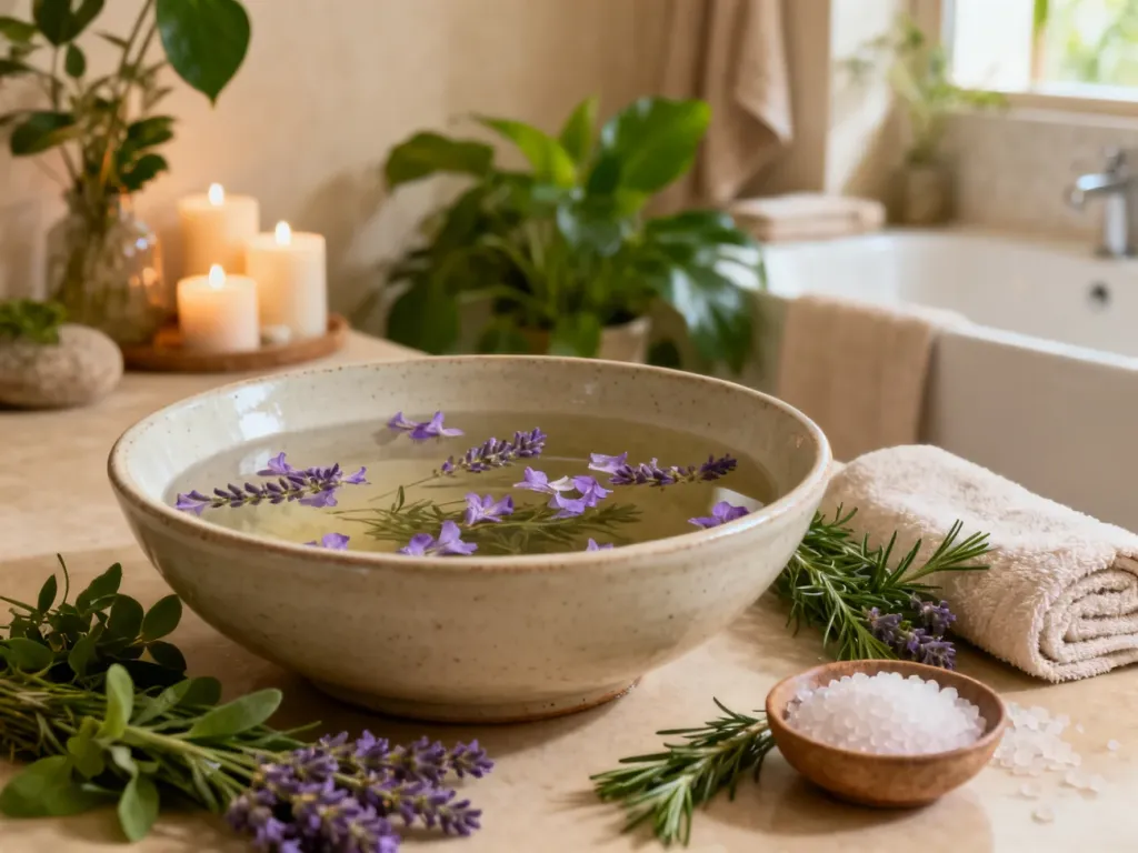 Ceramiczna miska z ciepłą wodą, ziołami i płatkami lawendy przygotowana do relaksującej kąpieli stóp w domowym spa.