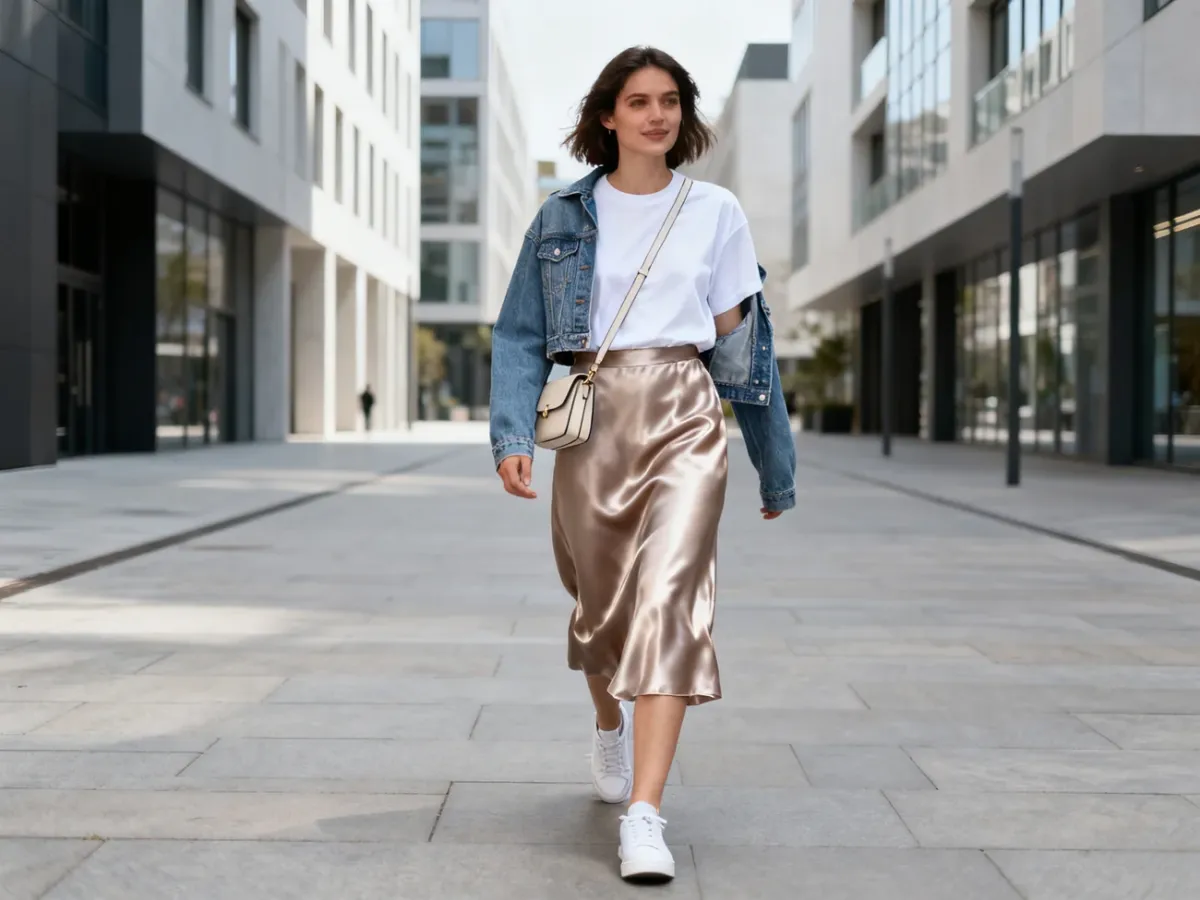 Codzienna stylizacja z satynową spódnicą midi, białym T-shirtem i sneakersami