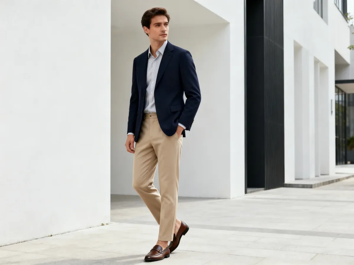 Mężczyzna w granatowej marynarce i chinosach w stylizacji smart casual