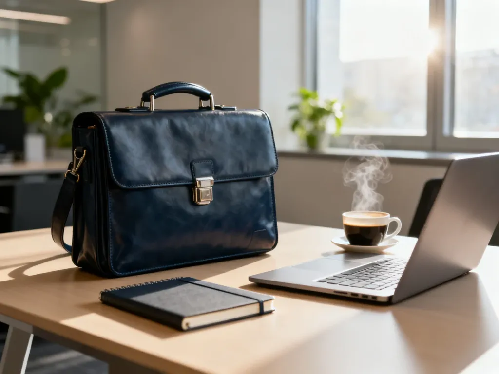 Eleganckie biurko z laptopem, notatnikiem i teczką w słonecznym biurze, budujące atmosferę profesjonalizmu i produktywności.