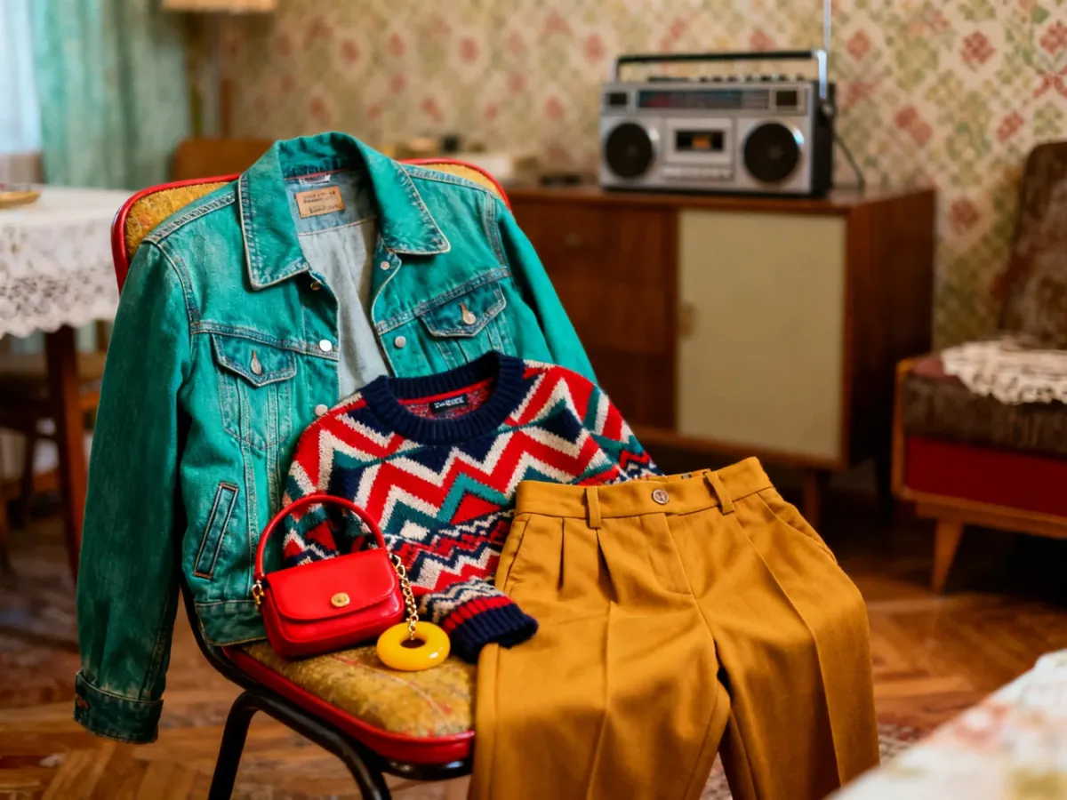 Kolorowa stylizacja z lat 80. na tle mieszkania z epoki: jeansowa kurtka, wzorzysty sweter i magnetofon kasetowy.