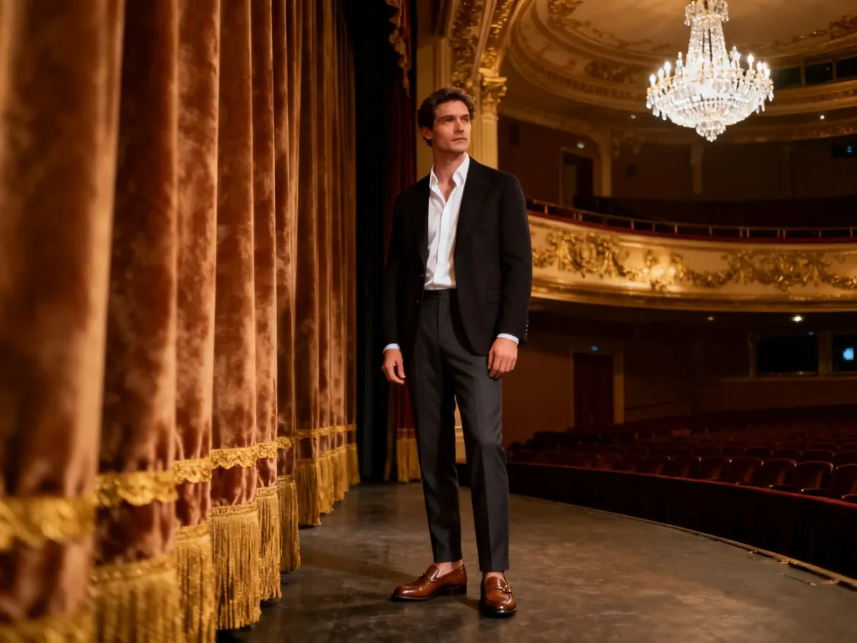 Elegancki mężczyzna w marynarce i spodniach materiałowych w teatrze