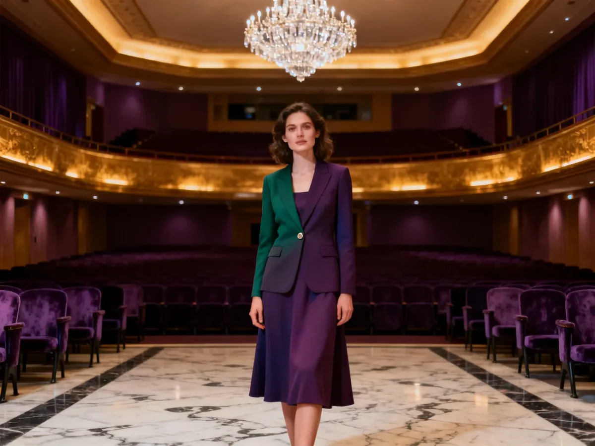 Kobieta w eleganckiej sukience midi i marynarce w teatralnym foyer