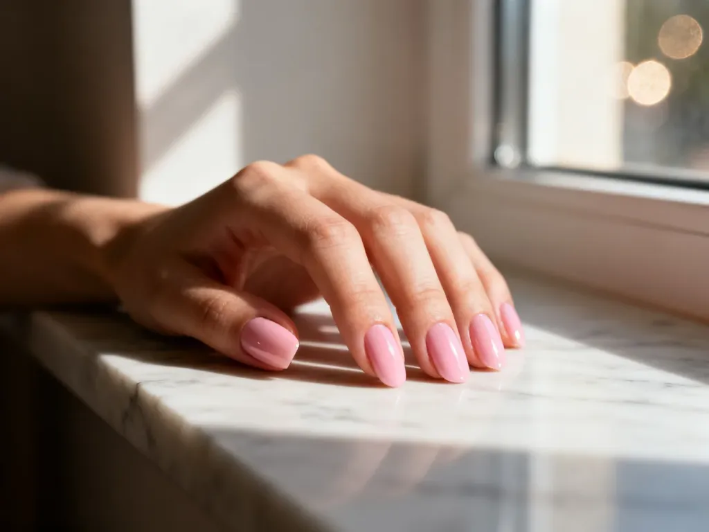 Zadbana dłoń z eleganckim, pastelowo-różowym manicure na marmurowym blacie w promieniach porannego słońca.