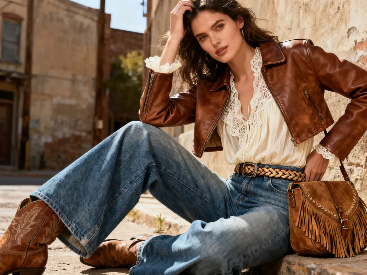 Stylizacja moto boho z szerokimi jeansami, ramoneską i kowbojkami