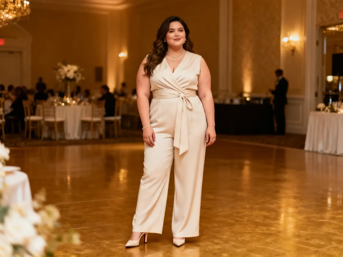 Kobieta plus size w dobrze skrojonym kombinezonie weselnym
