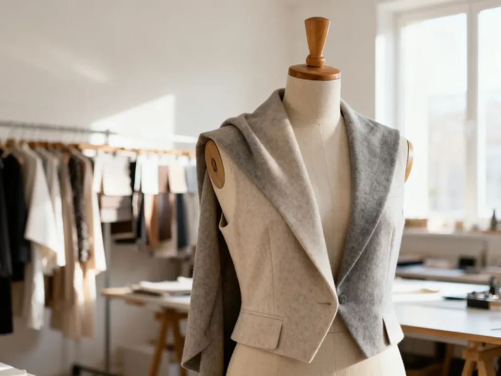 Stylowa kamizelka na drewnianym manekinie w minimalistycznym atelier, prezentująca nowoczesny element garderoby.