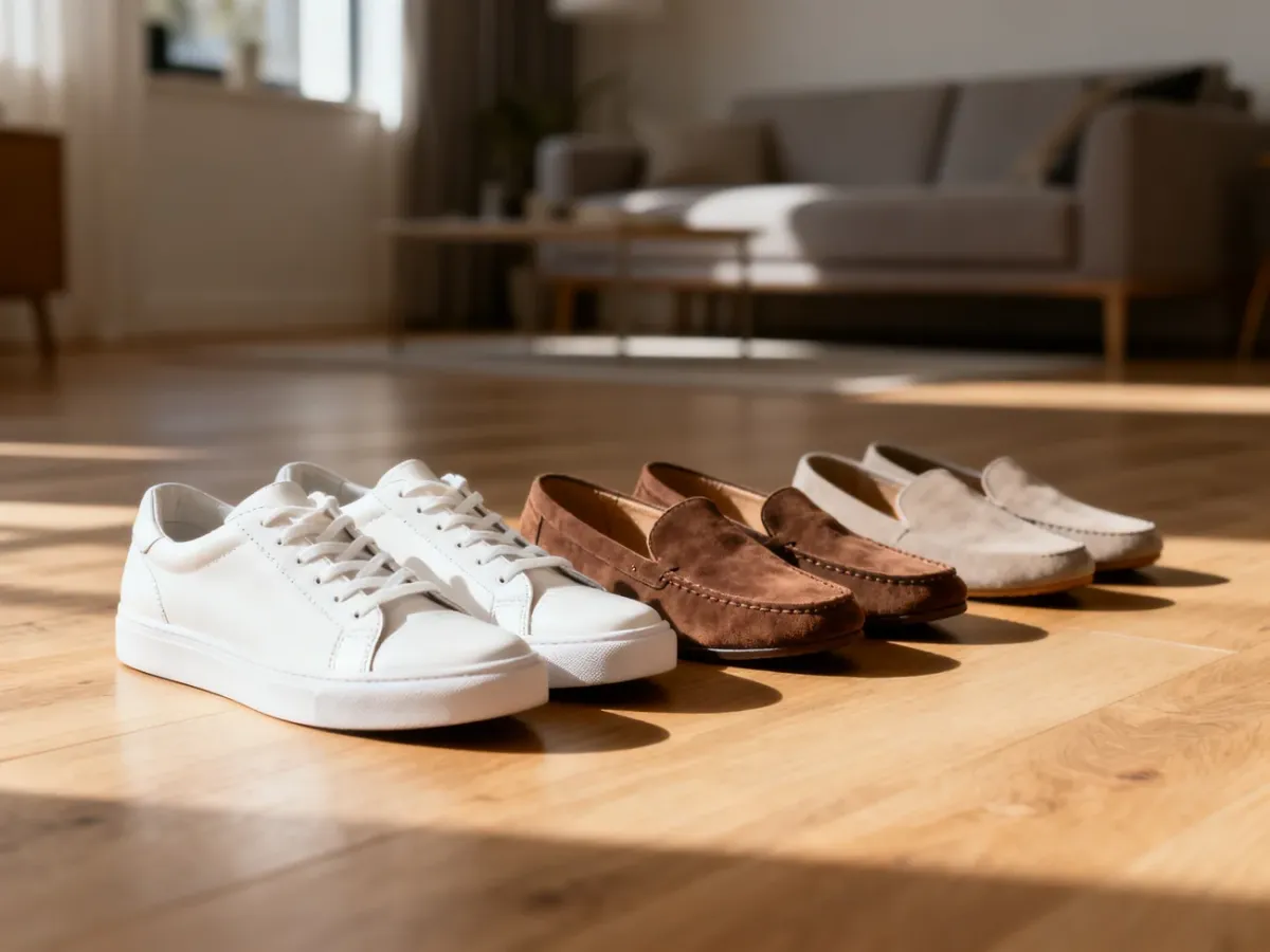 Różnorodne modele obuwia codziennego: skórzane sneakersy, mokasyny i wsuwane buty ustawione na drewnianej podłodze.