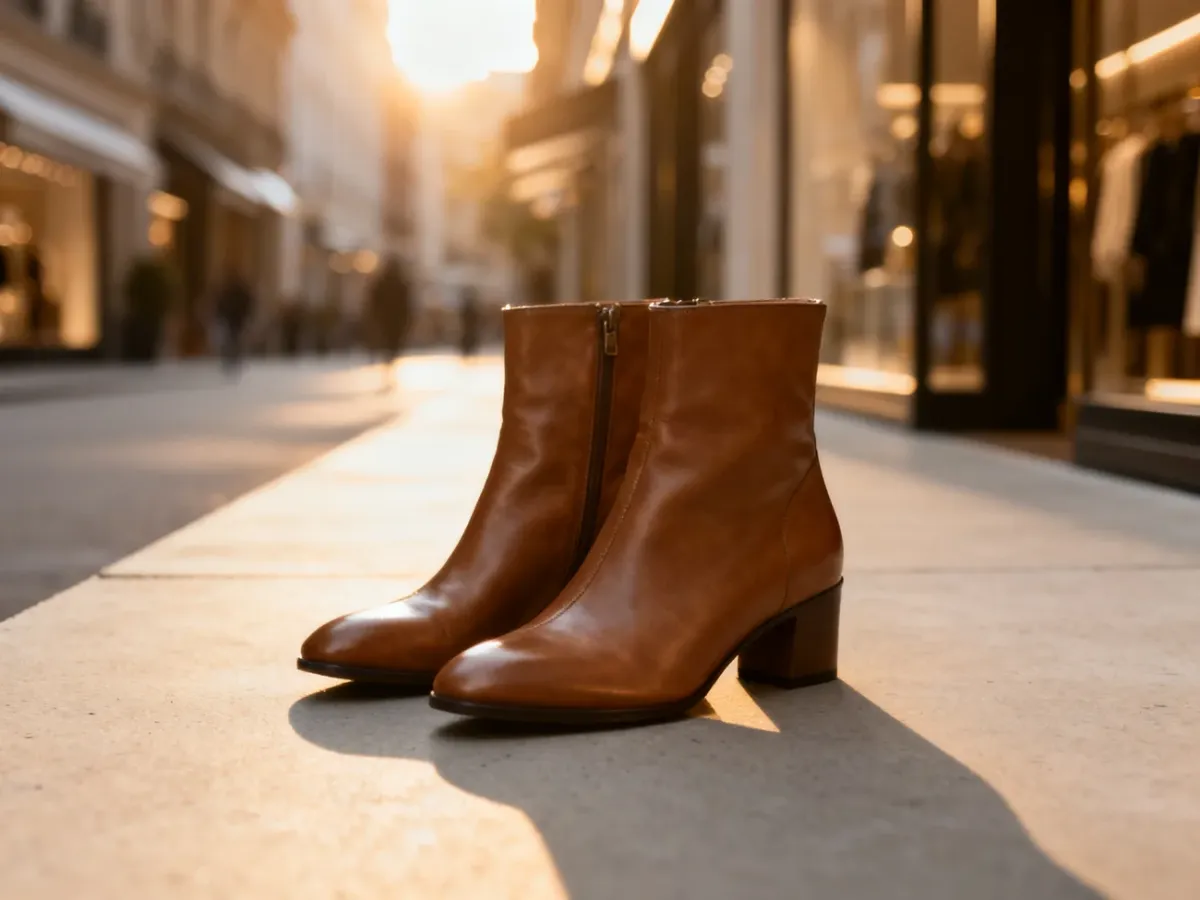 Eleganckie skórzane botki damskie 5th Avenue na minimalistycznym betonowym tle w miejskiej scenerii.