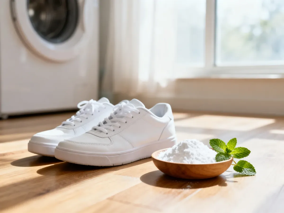Czyste białe sneakersy obok miseczki z sodą oczyszczoną i miętą, symbolizujące domowe sposoby na odświeżenie obuwia.