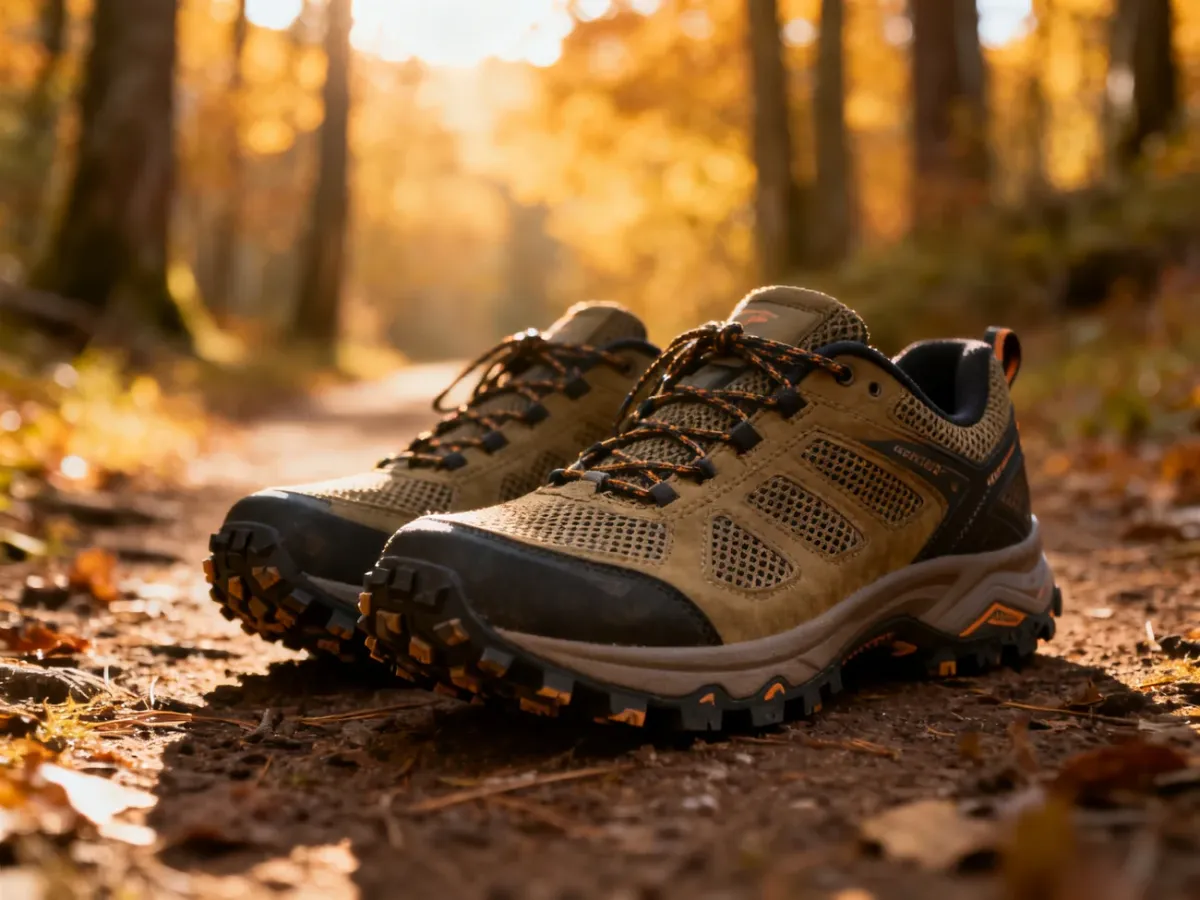 Profesjonalne buty do nordic walking z przyczepną podeszwą na leśnej ścieżce w jesiennej scenerii.