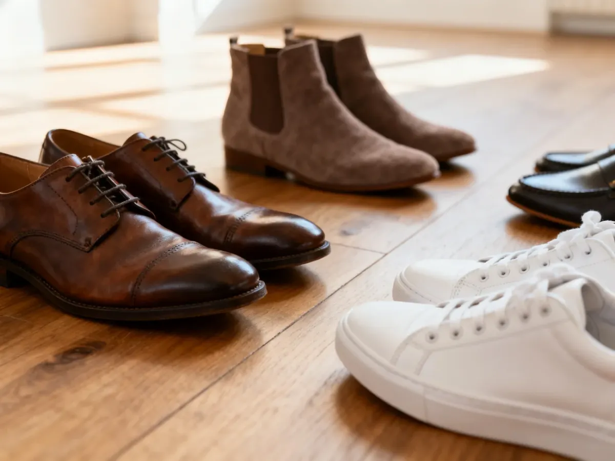 Różnorodne modele obuwia, od eleganckich oksfordów po sportowe sneakersy, ustawione na drewnianym podłożu.