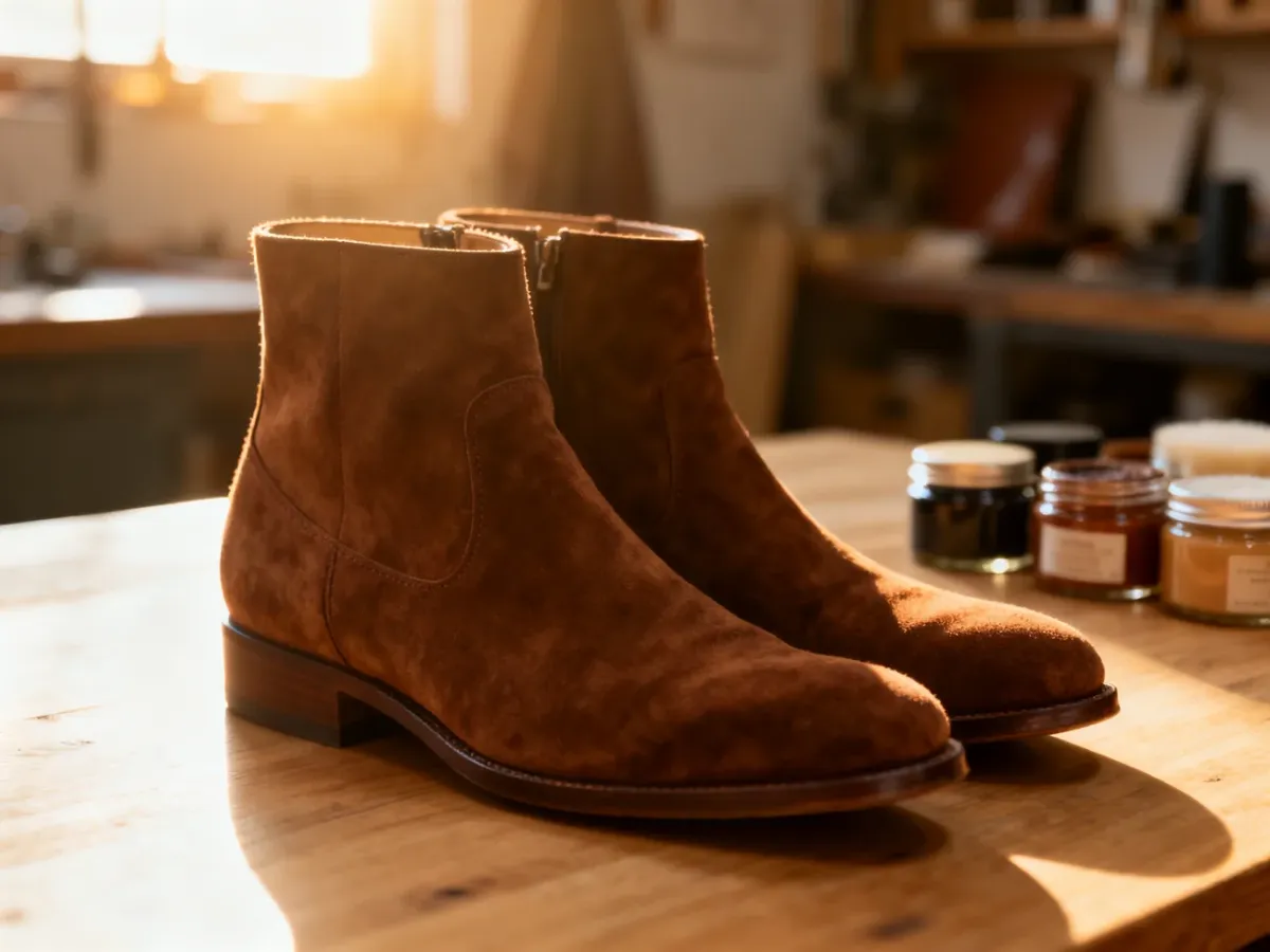 Eleganckie brązowe buty zamszowe na drewnianym blacie w warsztacie szewskim, podkreślające fakturę materiału.