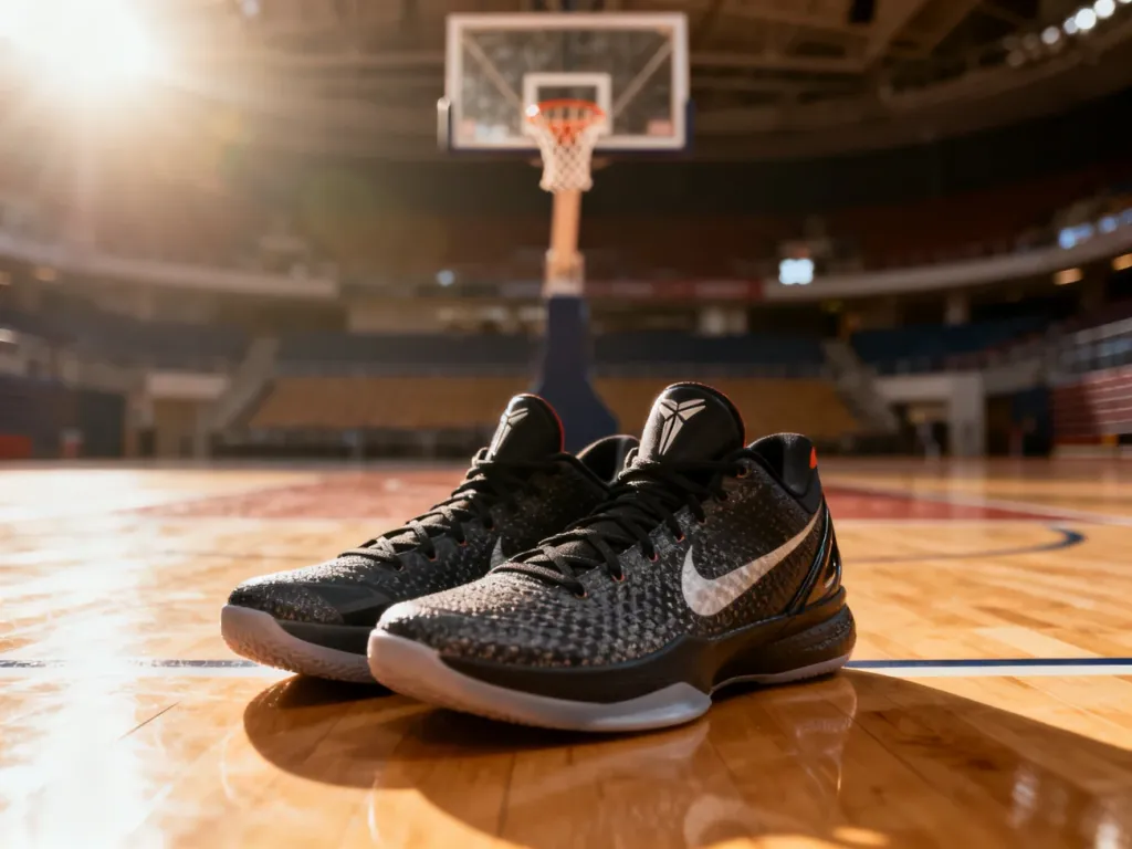 Profesjonalne buty do koszykówki ustawione na drewnianym parkiecie hali sportowej w świetle poranka.
