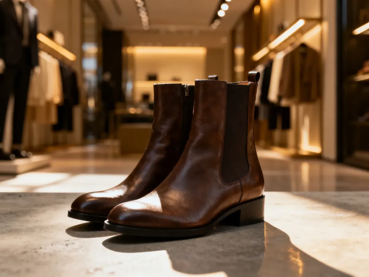 Stylowe skórzane botki Steve Madden na tle nowoczesnego butiku, ukazujące detale i wysoką jakość wykonania obuwia.