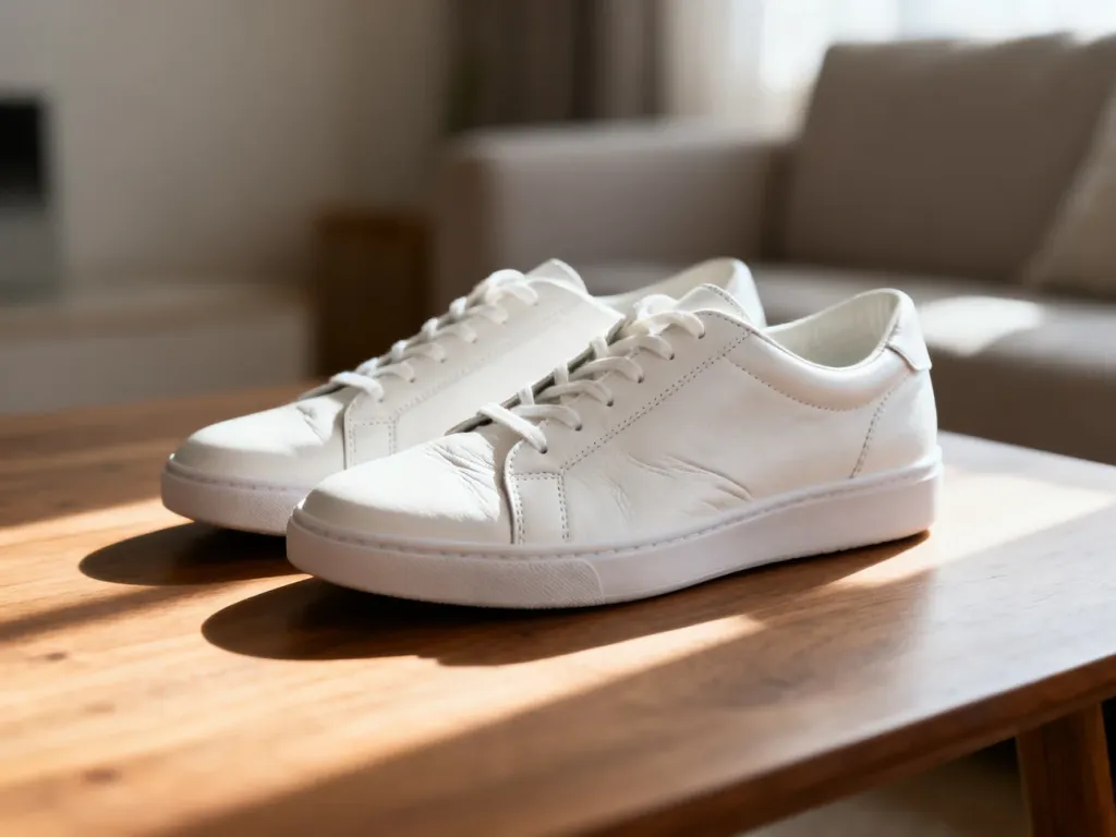 Białe skórzane sneakersy z widocznymi zagnieceniami na przodzie, ustawione na drewnianym stole w świetle poranka.