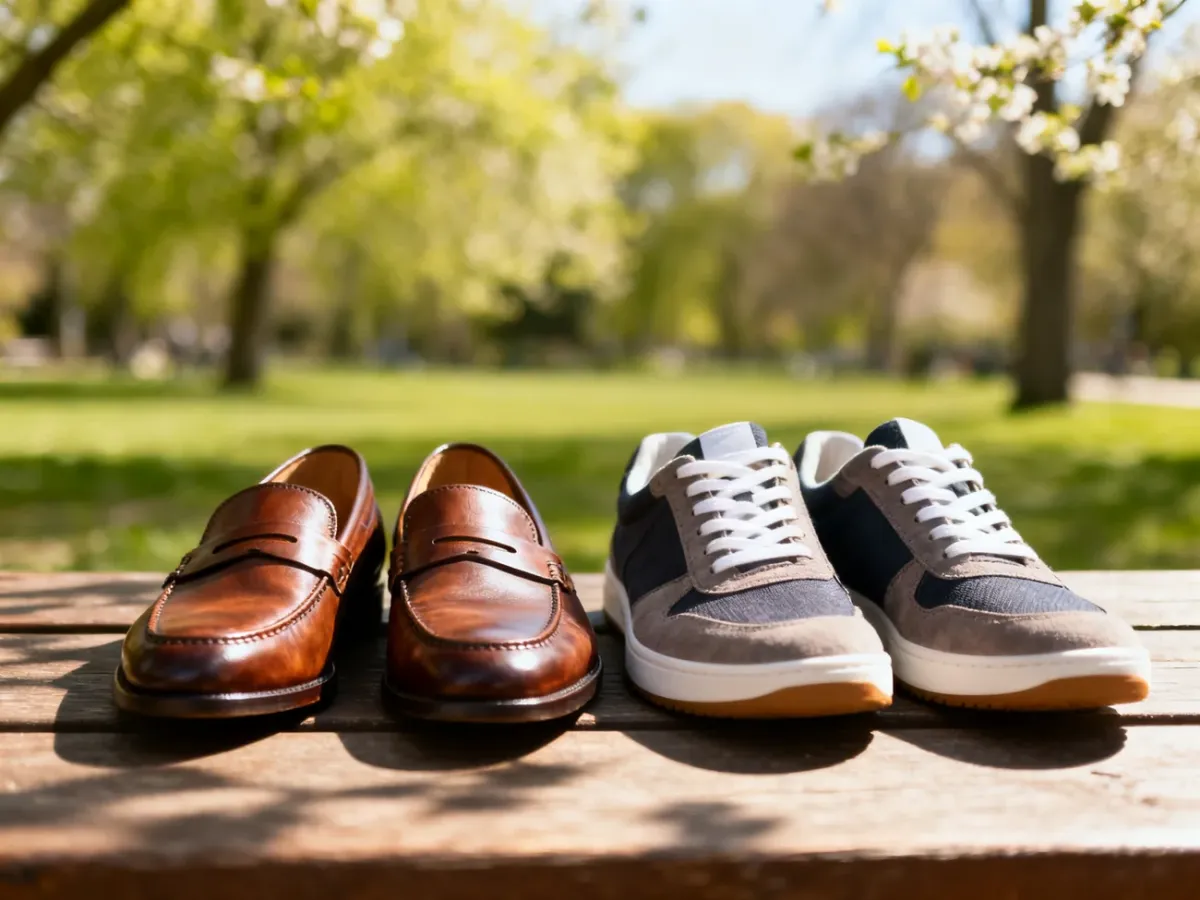 Eleganckie męskie mokasyny i codzienne sneakersy na drewnianym tle w otoczeniu wiosennej zieleni.
