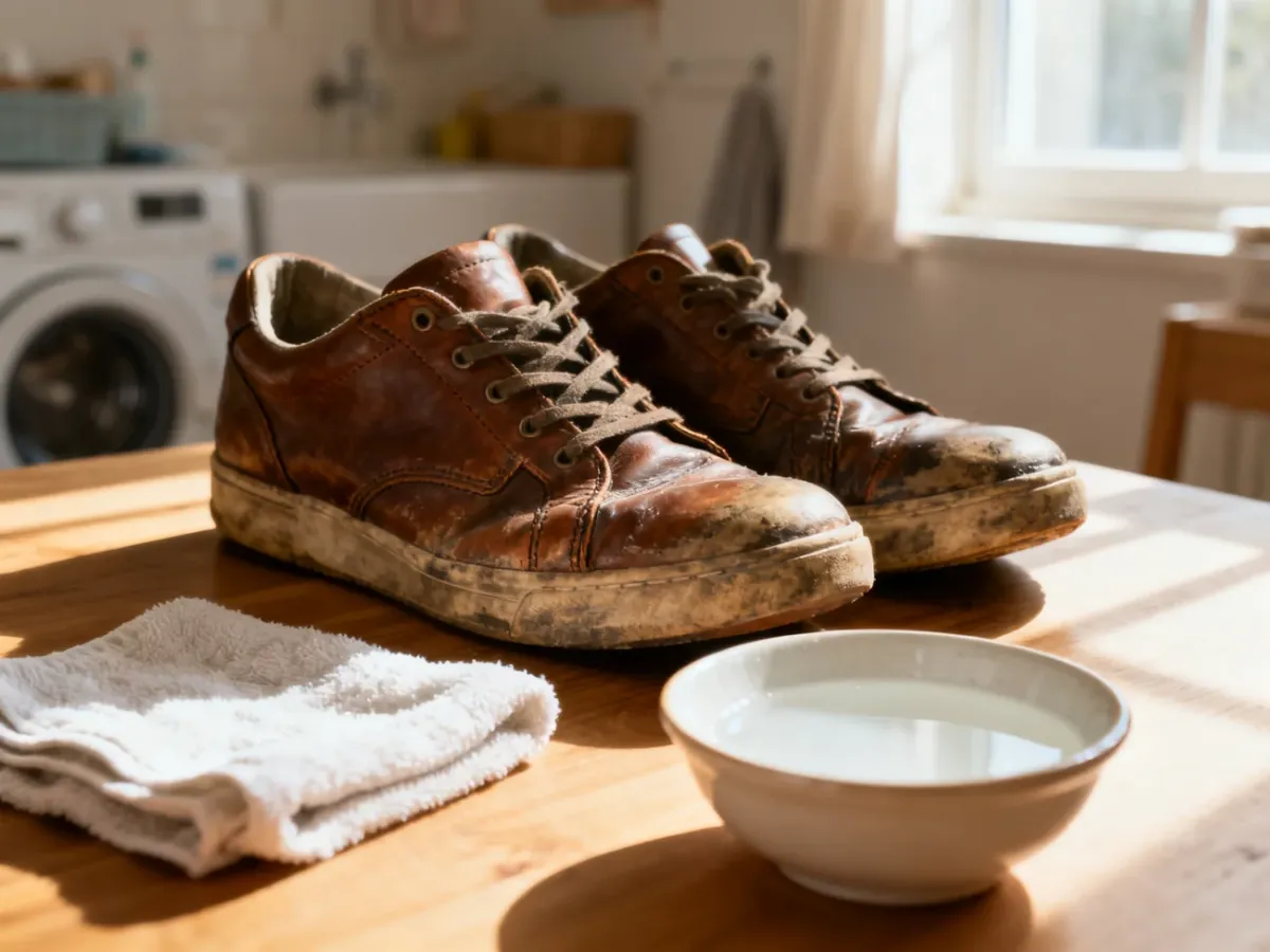 Zużyte skórzane sneakersy na drewnianym stole obok domowych środków czyszczących przygotowanych do renowacji obuwia.